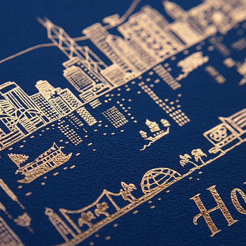 Hong Kong Skyline - Night, Gold Foil Postcard