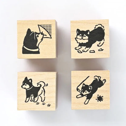 Shiba Dog, Mischief in Margin Space, Wooden Rubber Stamp