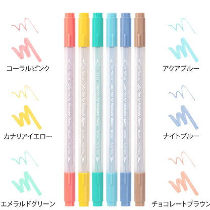 midori, Happy, Color Pens for Paintable Stamp 6 Colors Set, Dual Tip 0.5mm / Brush