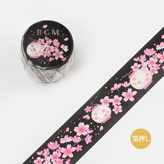 BGM, Sakura．Night Sakura, Washi Tape Foil Stamping, 30mm x 5m