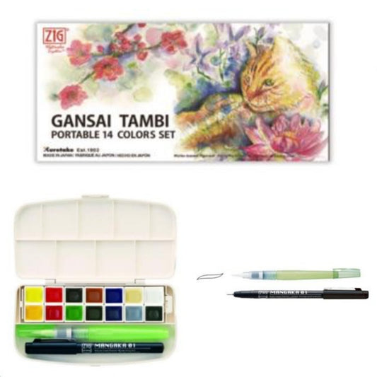 Kuretake, ZIG Gansai Tambi, Portable 14 colors set, Watercolor