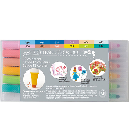 Kuretake, ZIG Clean Color Dot, 12-Color Set, Dual Tip Marker Pen, 0.5mm / 1mm to 5mm
