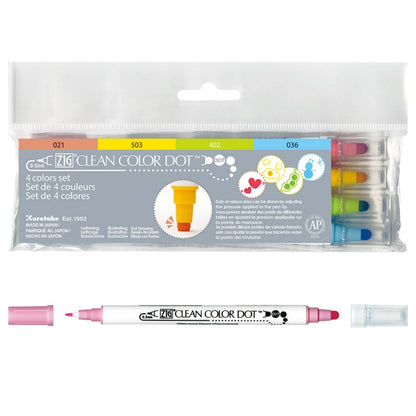 Kuretake, ZIG Clean Color Dot, 4 Color Set, Dual Tip Marker Pen, 0.5mm / 1mm to 5mm