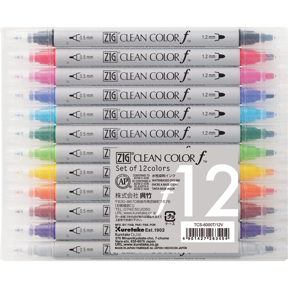Kuretake, ZIG Clean Color f, 12 colors set, Dual Tip, 0.5mm / 1.2mm